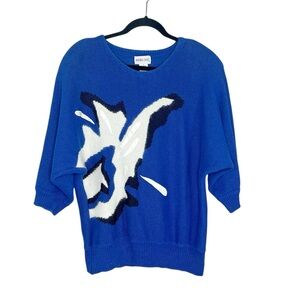 Vintage Andrea Gayle Abstract Flower Blue black and White Cotton Blend Sweater